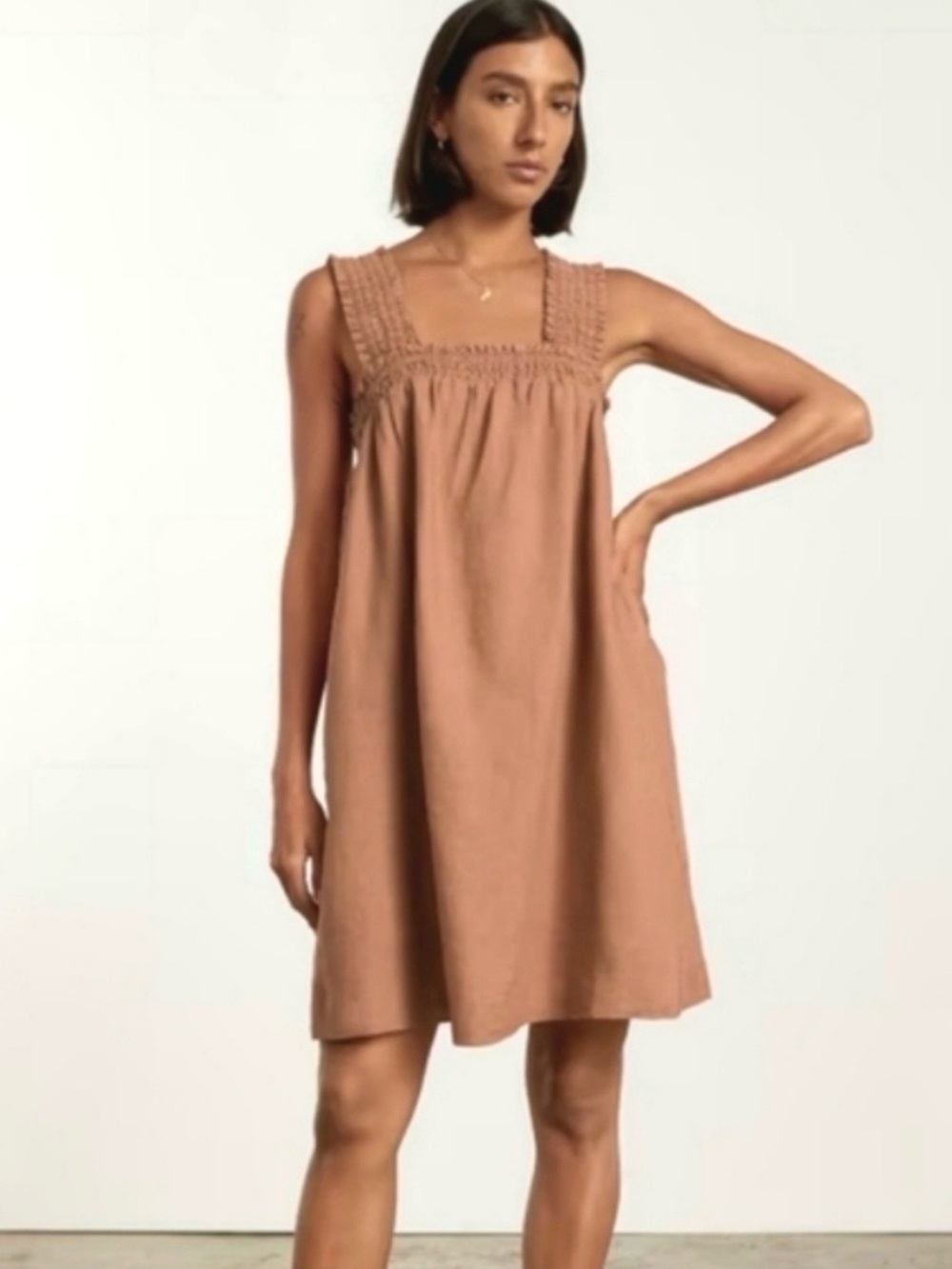 Everlande burnt orange Smocked-Strap Linen Blend Sundress
